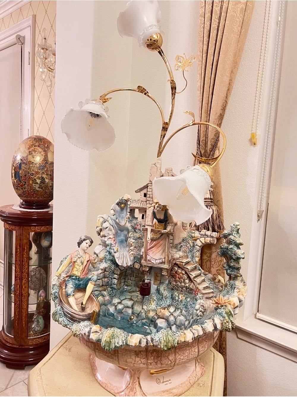 Vintage Gianni Lorenzon Italy Porcelain water fountain and lamp- signed